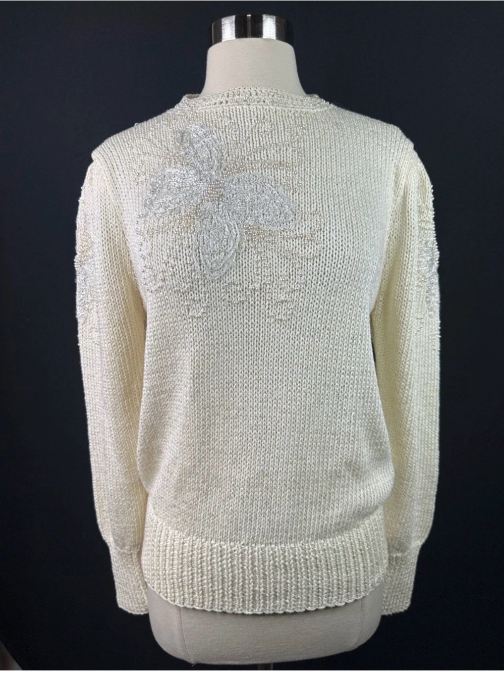 Joann Bryant Vintage Hand Knitted embellished Classic Cream Women's Knit Sweater